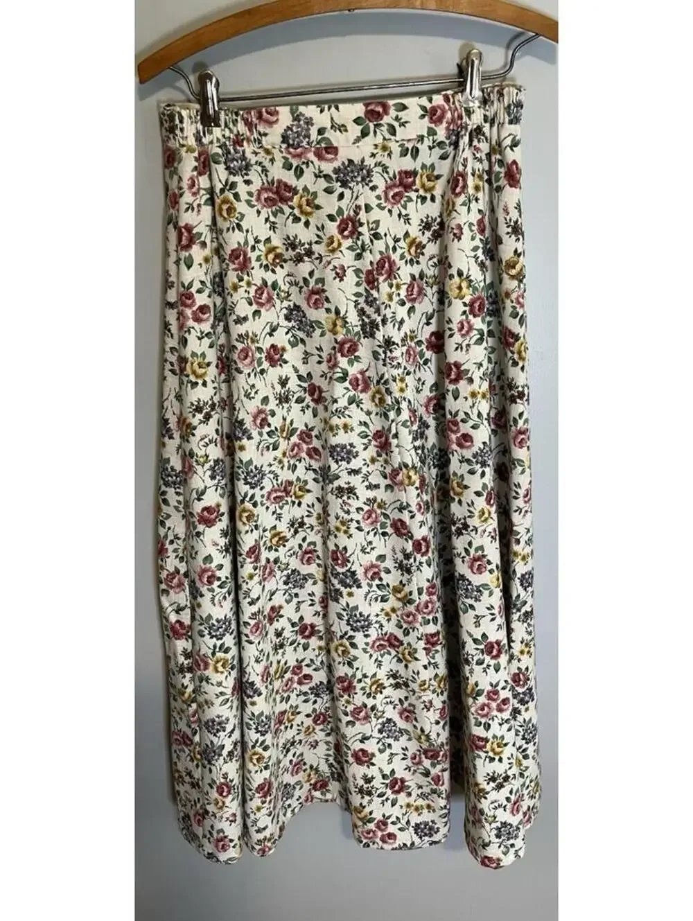 Vintage Christy Girl White Floral Button Down Midi Skirt Linen-blend  10 Teacher